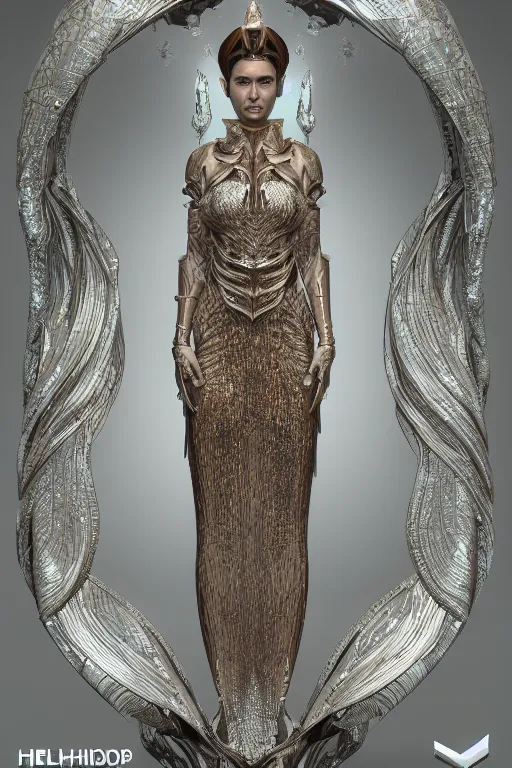 Image similar to a highly detailed medium shot 8 k render of an alien goddess jennifer connelly in iris van herpen dress schiaparelli armor in diamonds and lots of jewelry in style of alphonse mucha trending on artstation made in unreal engine 4