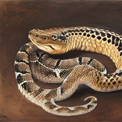 Prompt: a rattlesnake devours a zebra upside down, oil painting