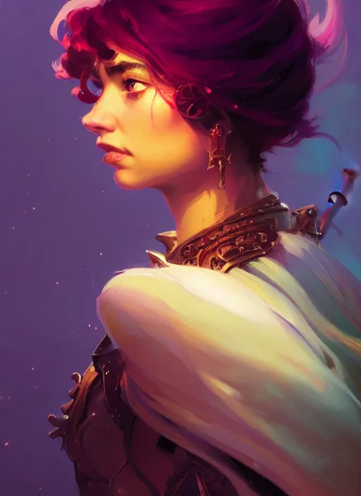 Image similar to side portrait, imogen poots, paladin, fantasy, gloomhaven, luminescent, organic painting, gaudy colors, by greg manchess, huang guangjian, gil elvgren, sachin teng, greg rutkowski, jesper ejsing, ilya kuvshinov