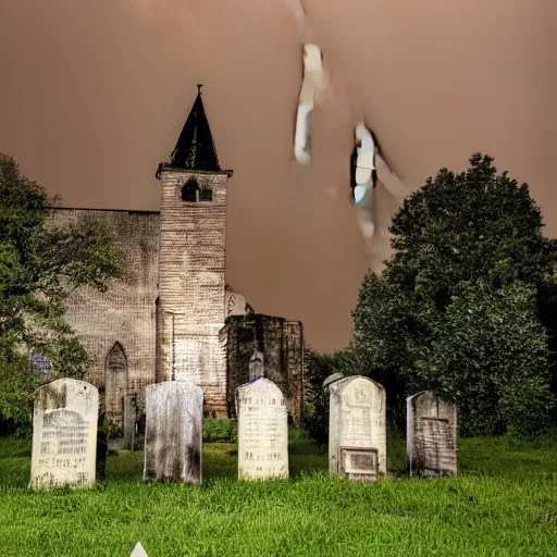 Prompt: a decaying haunted church, night, thunderstorm, lights in windows, tombstones, ghosts and spirits