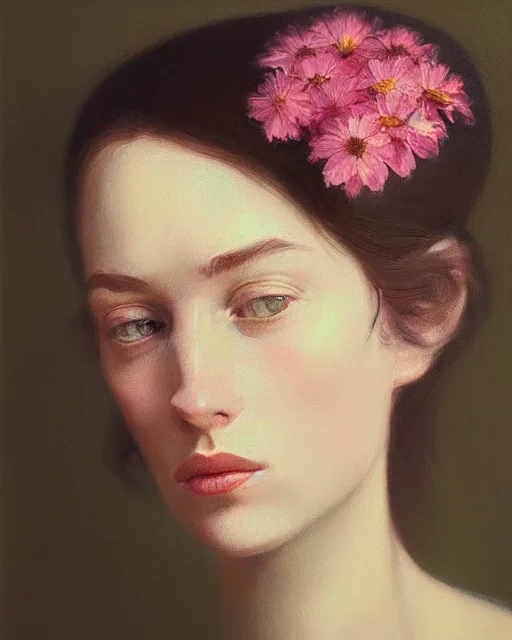 Image similar to portrait of a woman with flowers, may wilson, filonov, beautiful face, octane rendering