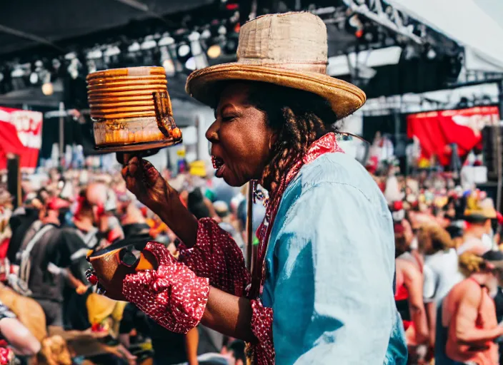 Image similar to photo still of aunt jemima in period attire at vans warped tour!!!!!!!! at age 4 0 years old 4 0 years of age!!!!!!! on stage pouring maple syrup on the crowd, 8 k, 8 5 mm f 1. 8, studio lighting, rim light, right side key light