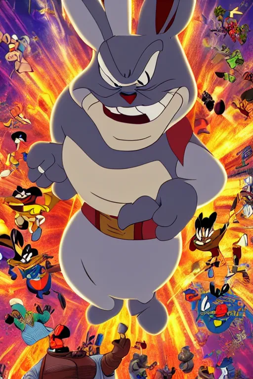 Prompt: A badass photo of the real big chungus from looney tunes in a marvel movie, hyper detailed, award winning photography, perfect faces, 50 mm