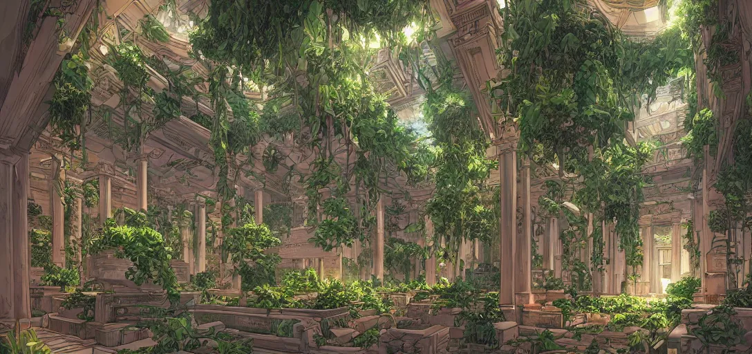 Prompt: Interior of Greek temple with hanging gardens in the graphic style of Patrick Gleason and SANA TAKEDA, detailed art, trending on Artstation, sharp focus, Beautiful comic art