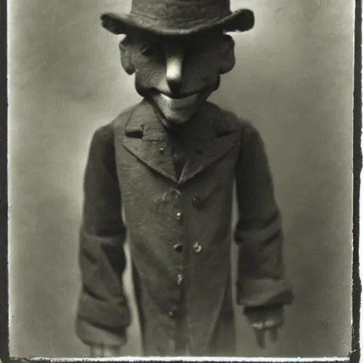 Image similar to ventriloquist figure, photograph, style of atget, old, creepy, smiling