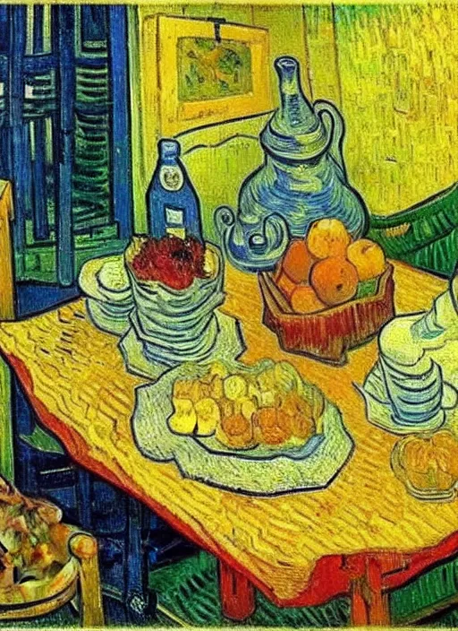 Image similar to good morning, van gogh painting breakfast on a canvas, painting by vincent van gogh, paul gauguin