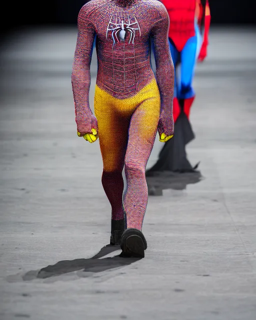 Image similar to hyperrealistic and heavy detailed 2321s Yeezy runway show of spiderman, Leica SL2 50mm, vivid color, high quality, high textured