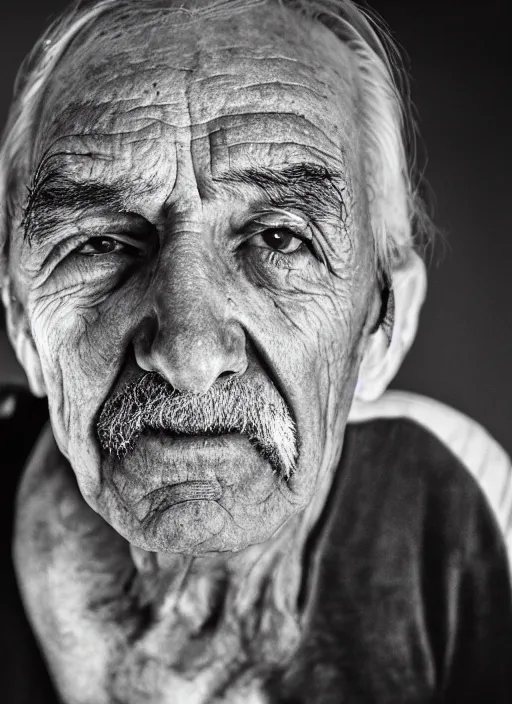 Image similar to A portrait photo of an old man with only one eye, high contrast, black and white