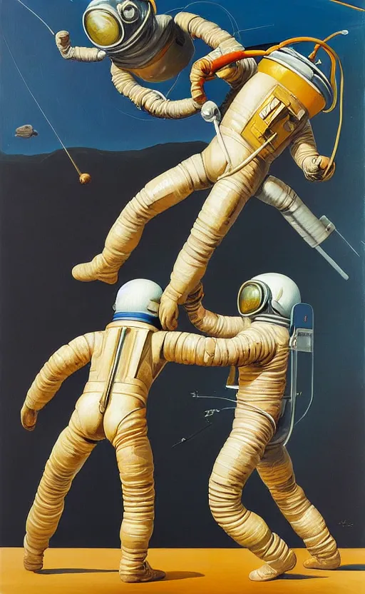 Image similar to Oil painting of two man astronauts wearing helmet fighting each other by Lucian Freud, Abstract brush strokes, Masterpiece, Edward Hopper and James Gilleard, Zdzislaw Beksinski, Mark Ryden, Wolfgang Lettl highly detailed, hints of Yayoi Kasuma