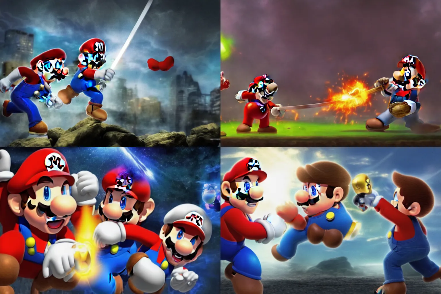 Prompt: Reggie Fils-Aimé fighting Mario in a sword duel, dramatic photography, dramatic lighting, dark background