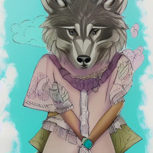 Image similar to Beautiful portrait of an anthro anthropomorphic wolf wearing a cute pastel shirt Summer Atmosphere. detailed, inked,