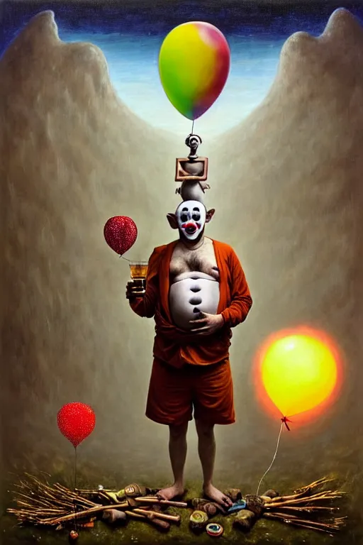 Prompt: Gediminas_Pranckevicius a dramatic, epic, ethereal painting of shirtless Ari Shaffir dressed as clown with a beer belly wearing a large belt and bandana offering a balloon animal | he is relaxing by a campfire | background is a late night with food and jugs of whisky | stars, tarot card, art deco, art nouveau, mosaic, intricate | by Mark Maggiori | trending on artstation