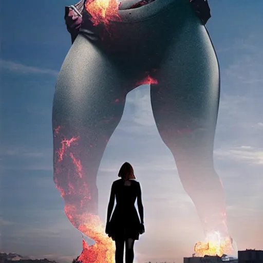 Prompt: a woman up there, sci - fi, town, on fire, giant, photoshop, colossal, creative and cool, photo manipulation, low angle