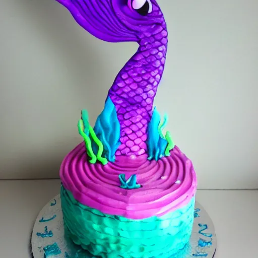 Prompt: angry mermaid themed birthday cake, food photography,