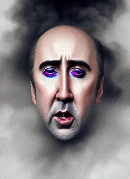 Image similar to an ethereal, misty portrait of a screaming nicolas cage whose face is accented with iridescent makeup. the makeup floats off his face and joins swirling clouds of smoke and fog, becoming the declaration of independence. muted tones. surreal portrait, cinematic lighting, 8 k, smooth, sharp focus, digital painting, rendered in octane, painted by tom bagshaw, artgerm