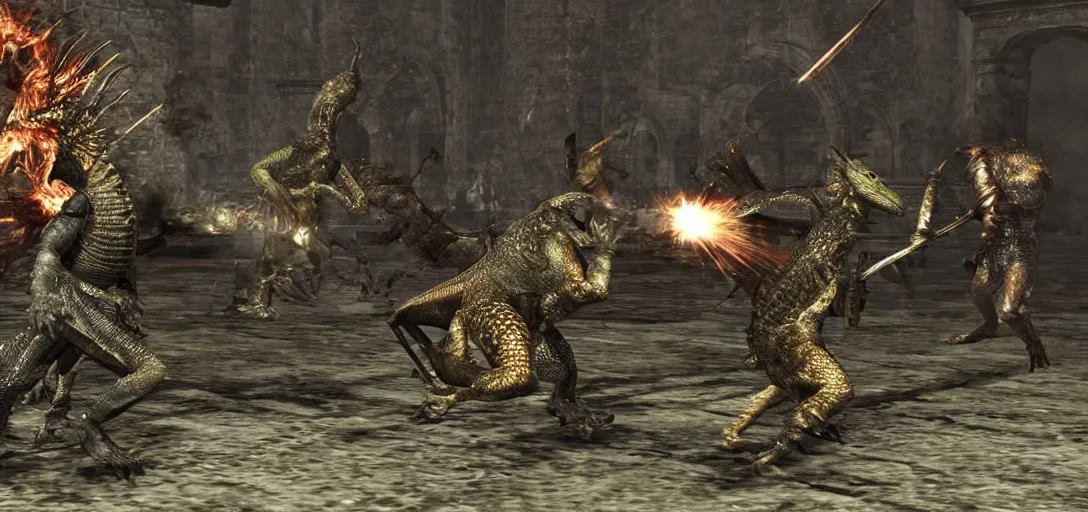 Image similar to lizards in dark souls armor battling a boss