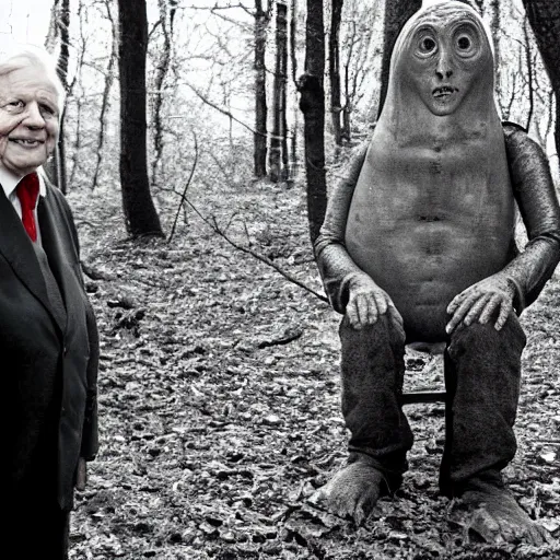 Image similar to Sir David Attenborough in the woods with a Grey Alien Martian