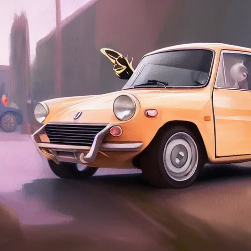 Image similar to a bunny driving a renault r 4, elegant, highly detailed, digital painting, artstation, concept art, matte, sharp focus, highly detailed, 4 k, hdr, smooth, sharp focus, high resolution, award - winning photo, photorealistic, art by artgerm and greg rutkowski and alphonse mucha, large shot