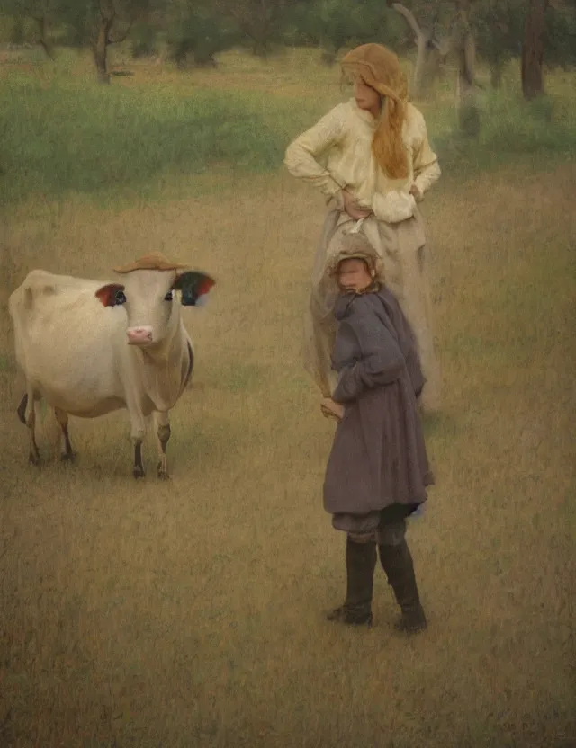 Image similar to portrait of peasant girl and cow on a farm, polaroid photo bleached vintage pastel colors high - key lighting, soft lights, foggy, by steve hanks, by lisa yuskavage, by serov valentin, by tarkovsky, 8 k render, detailed, oil on canvas