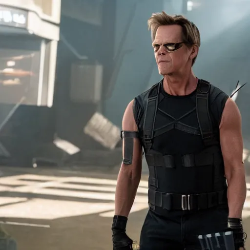 Prompt: film still of Kevin Bacon as Hawkeye in Avengers Endgame