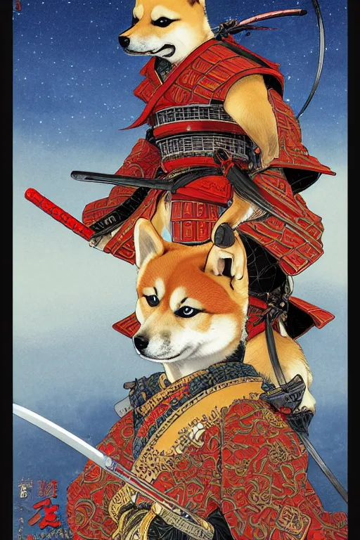 Image similar to poster of a shiba inu as a samurai, by yoichi hatakenaka, masamune shirow, josan gonzales and dan mumford, ayami kojima, takato yamamoto, barclay shaw, karol bak, yukito kishiro