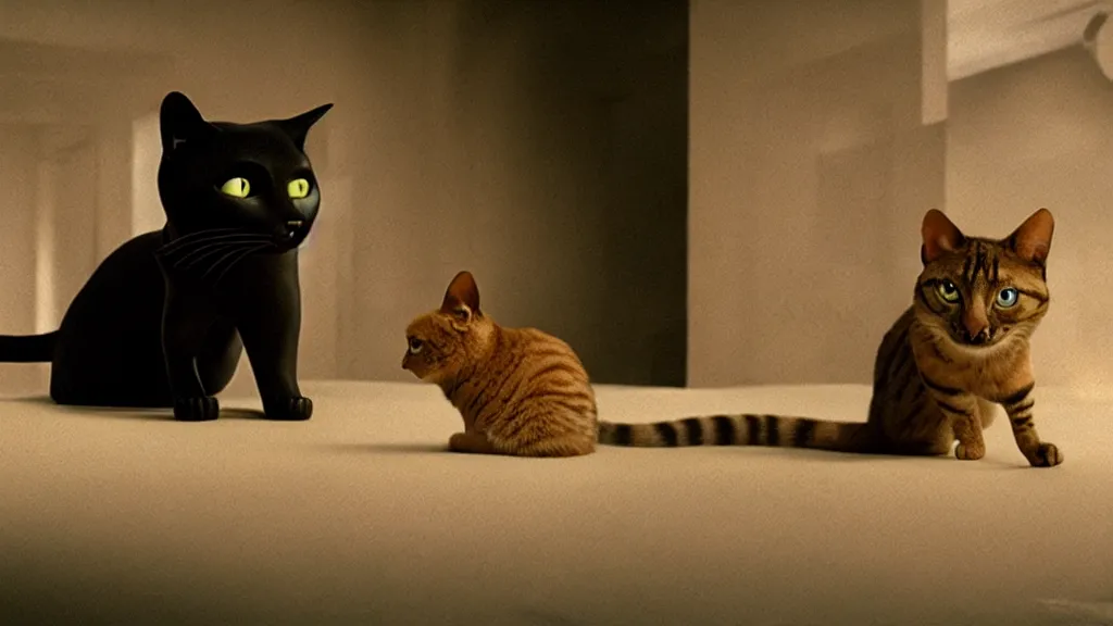 Image similar to the forbidden cat, film still from the movie directed by denis villeneuve and david cronenberg with art direction by salvador dali, wide lens