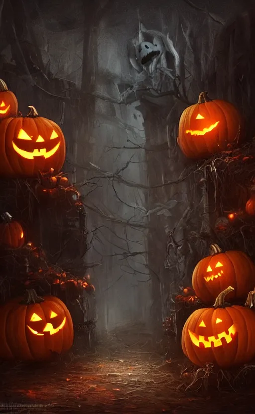 Image similar to a creepy and eery Halloween setting, with Jack o lanterns on the street and ghost roaming around, dynamic lighting, photorealistic fantasy concept art, stunning visuals, creative, cinematic, ultra detailed, trending on art station, spooky vibe