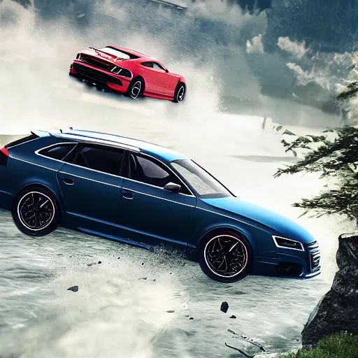 Image similar to audi 5 rs sportback jumping over river, cinematic, cinematic lighting, trending on Artstation, Cgsociety, detailed, 4k, very realistic