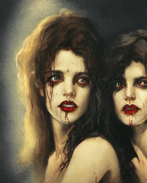 Image similar to two handsome but sinister young women in layers of fear, with haunted eyes and wild hair, 1 9 7 0 s, seventies, wallpaper, a little blood, moonlight showing injuries, delicate embellishments, painterly, offset printing technique, by john howe, brom, robert henri, walter popp