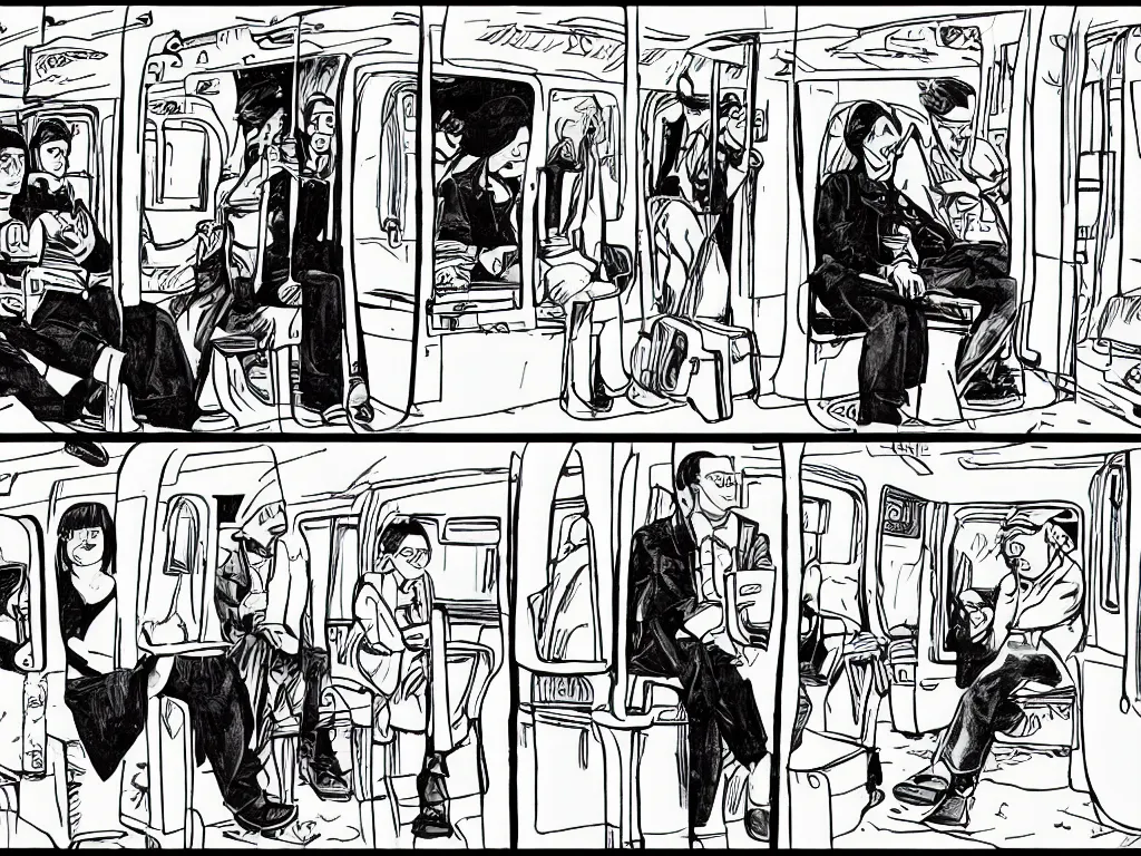 Image similar to a single comic panel by Daniel Clowes, 3/4 low angle view wide shot of two people sitting in an empty Chicago subway train, in front of windows: a sad Aubrey Plaza in a parka and a friendly Mads Mikkelsen in a suit