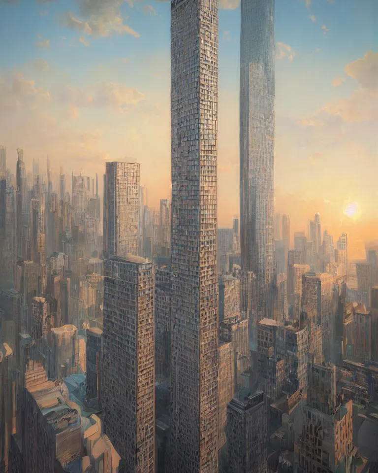 Prompt: a beautiful hyperrealistic impossible painting of a future skyscraper by Agnes Lawrence Pelton, trending on artstation, wikiart, gigantic, octane render, brilliantly coloured, intricate, ultra wide angle, trending on artstation, dusk, volumetric lighting, polished, micro details, ray tracing, 8k