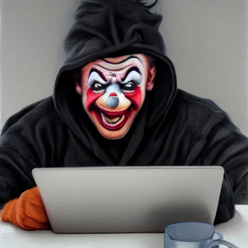 Prompt: Caricature portraits done of an angry british clown wearing a black hoodie and typing in a dark room on a computer late at night, realistic, hyperrealistic, very realistic, highly detailed, very detailed, extremely detailed, detailed, oil painting, digital art, trending on artstation