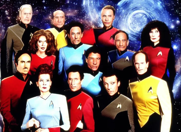 Prompt: a promo photo from a 1 9 8 0 s sci - fi tv programme, star trek tng, deep space nine, star trek voyager, babylon 5, vhs distortion