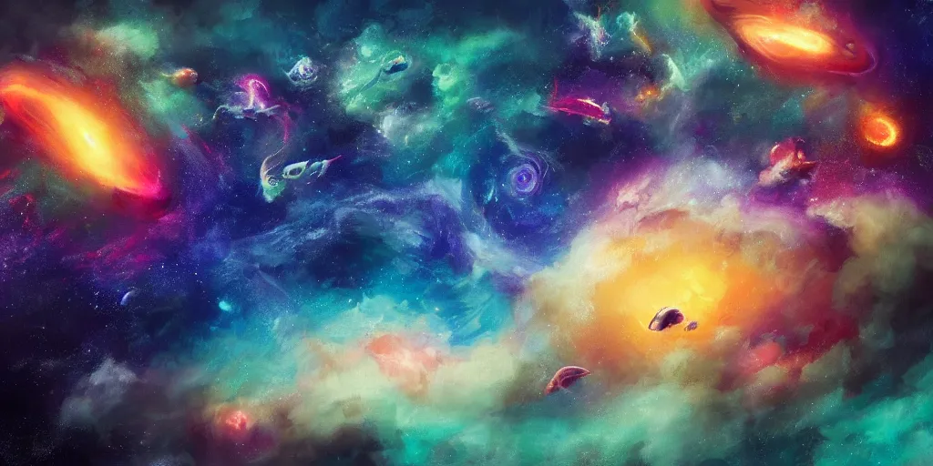 Prompt: painting of sea creatures swimming through space, sea turtles, sting rays whales, colorful nebulas, planets, 8 k resolution in the style of artem demura, jisu