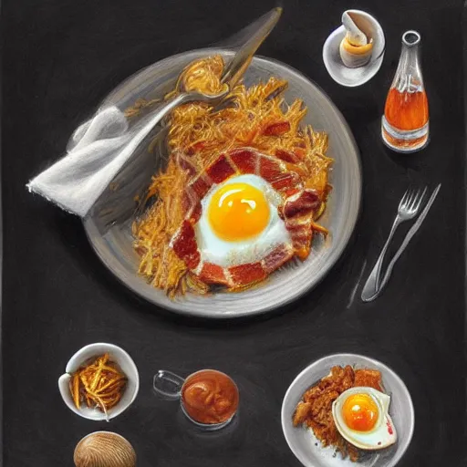 Image similar to Bacon, Hash browns and an over easy egg by Joe Jusko, rendered in hyperdetailed Ultra HD, trending on ArtStation, luminous