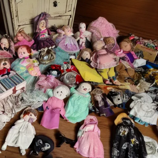 Image similar to haunted hoarder's house filled with dolls, best of craigslist, 4 k,