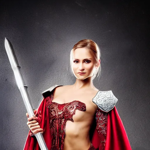 Prompt: a beautiful woman in a crimson cloak holding a glowing white spear and an obsidian shield, silver intricate armor, spotlight, ornate, realistic, fantasy art