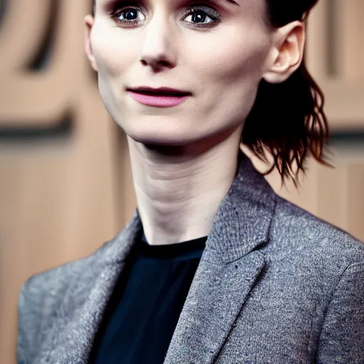 Image similar to A photorealistic portrait of the actress rooney mara, subtle smile, from the shoulders up, 4k, photorealist, DSLR photograph