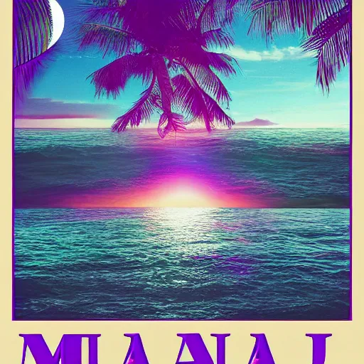 Image similar to miracle musical Hawaii part ii album cover, showing an ocean in the background, spiral transparent stairs on the left, a slight rainbow in the background, white outline border, moon in the right top area