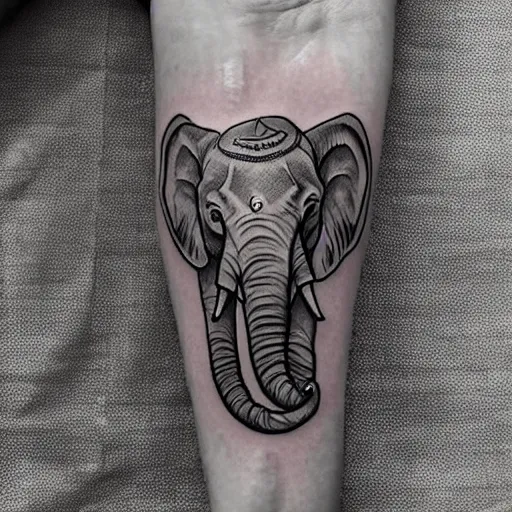 Prompt: tattoo of an elephant made out of spoons, black, blue gray, pink, and white ink, detailed, hyperrealistic trending on artstation