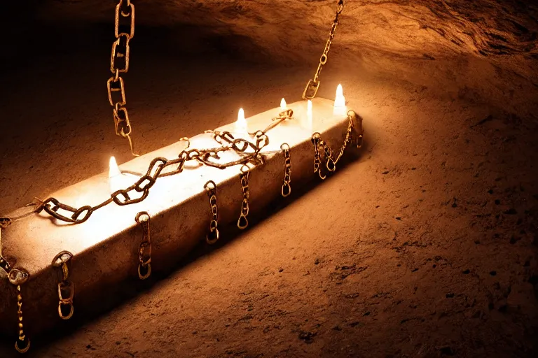 Image similar to middle of cave, light, bronze coffin, chain, medium gray, cinematic texture, high color contrast