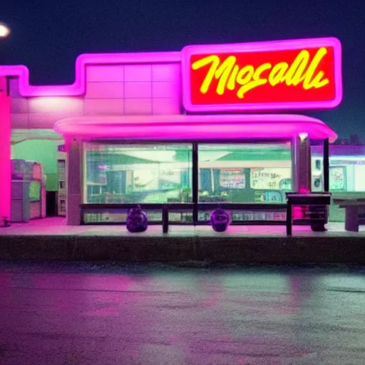 Prompt: a futuristic neon mcdonalds in the stranger things. stunning cinematography. rainy night.