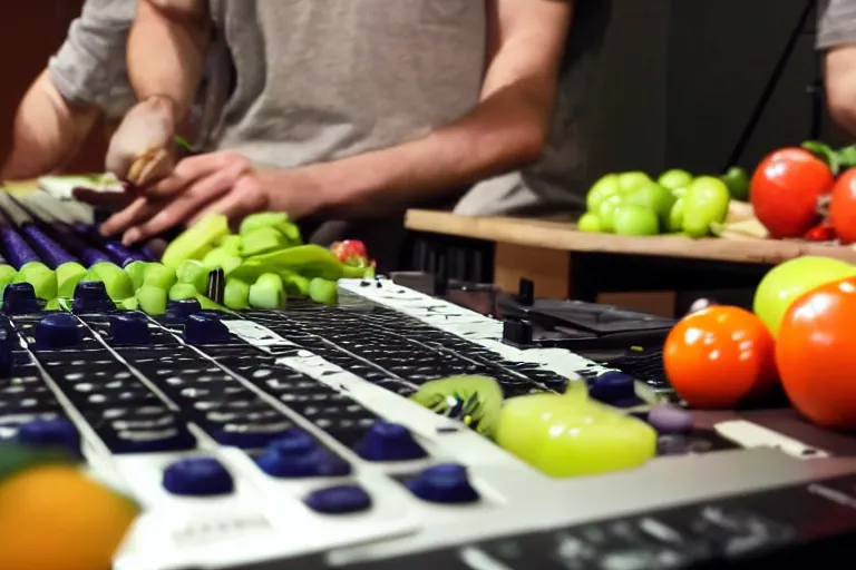 Image similar to film still of fresh fruits and vegetables making beats in the studio on an mpc