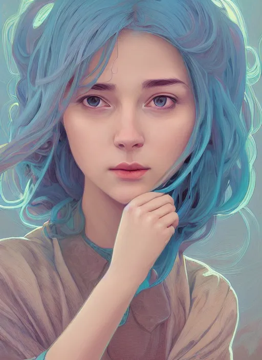 Image similar to handsome young women with shoulder length light blue hair, half body shot, path traced, highly detailed, high quality, digital painting, alena aenami, lilia alvarado, shinji aramaki, karol bak, alphonse mucha, tom bagshaw