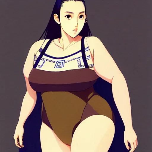 Image similar to a beautiful plus sized model japanese natalie portman, alluring plus sized model with brown skin, wearing mayan leotard with overalls, street fashion hip hop style with mayan patterns, aztec street fashion, gapmoe yandere grimdark, trending on pixiv fanbox, painted by greg rutkowski makoto shinkai takashi takeuchi studio ghibli, akihiko yoshida