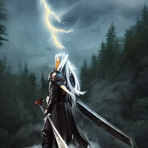 Prompt: sephiroth with lightning sword realistic, ultra detailed, menacing, powerful, dark, golden hour, forest, mountains in the background concept art Ross Tran