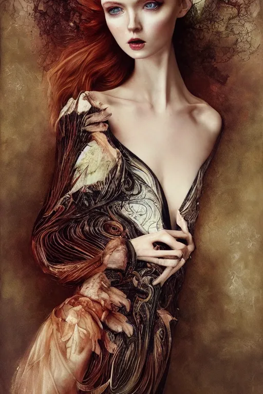 Prompt: an intricate realistic oil painting of a fashion model resembling lily cole, wearing avant garde fashion, shoes, clothing by alexander mcqueen, clothing by iris van herpen, full body, headspace, runway, by tom bagshaw, by karol bak