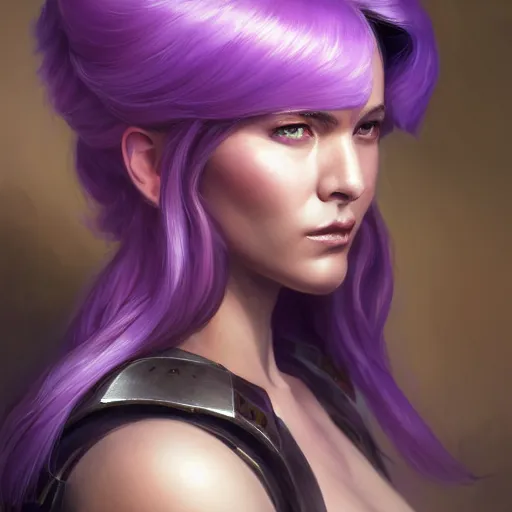 Image similar to a portrait of a very beautiful woman in battletech elemental clanner clan battle armor, Alexandria\'s genesis, chin-length purple hair, bored, illustration, soft lighting, soft details, painting oil on canvas by mark arian by artgerm, trending on artstation, 4k, 8k, HD