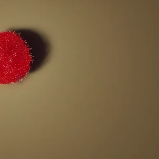 Prompt: Perfectly circular donut!!!!! in the style and shape of a rambutan!!!!!!, blended colors!!!!!, fibrous!!!!!, red fibers, trending on artstation, 4k, 8k, professional photography, overhead shot, 35mm lens