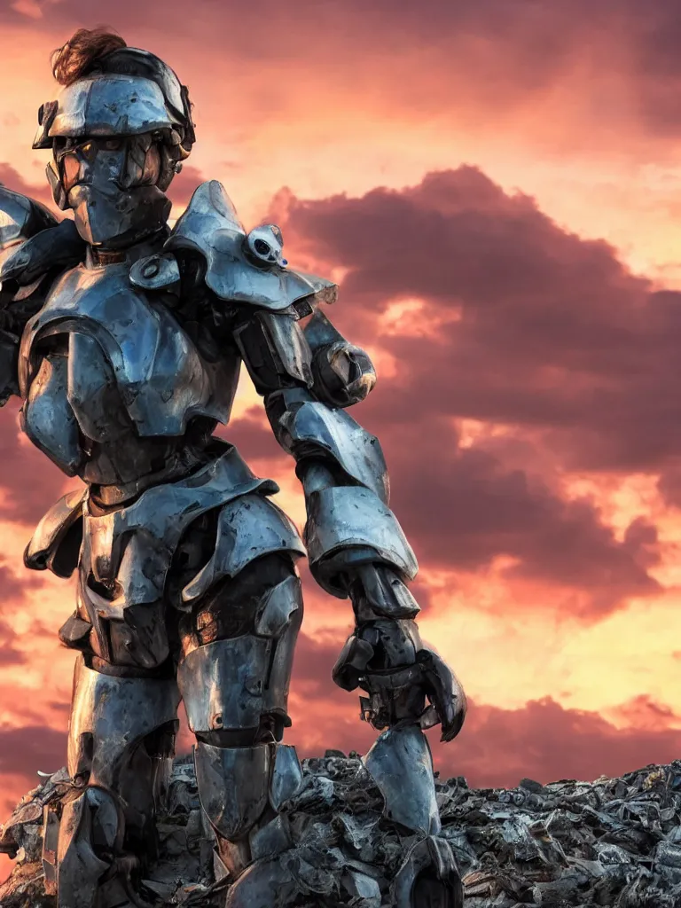 Image similar to emily blunt in futuristic power armor, close up portrait, solitary figure standing atop a pile of rubble, holding a sword on her shoulder, sunset and big clouds behind her